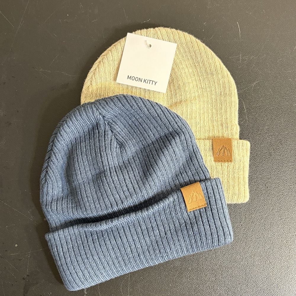 Moon Kitty Rib‎ Knit Cuffed Beanie Hat Blue Oatmeal Winter Cap Unisex 2 Pk Small